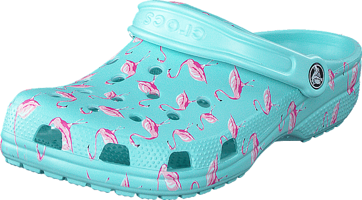 blue crocs with flamingos