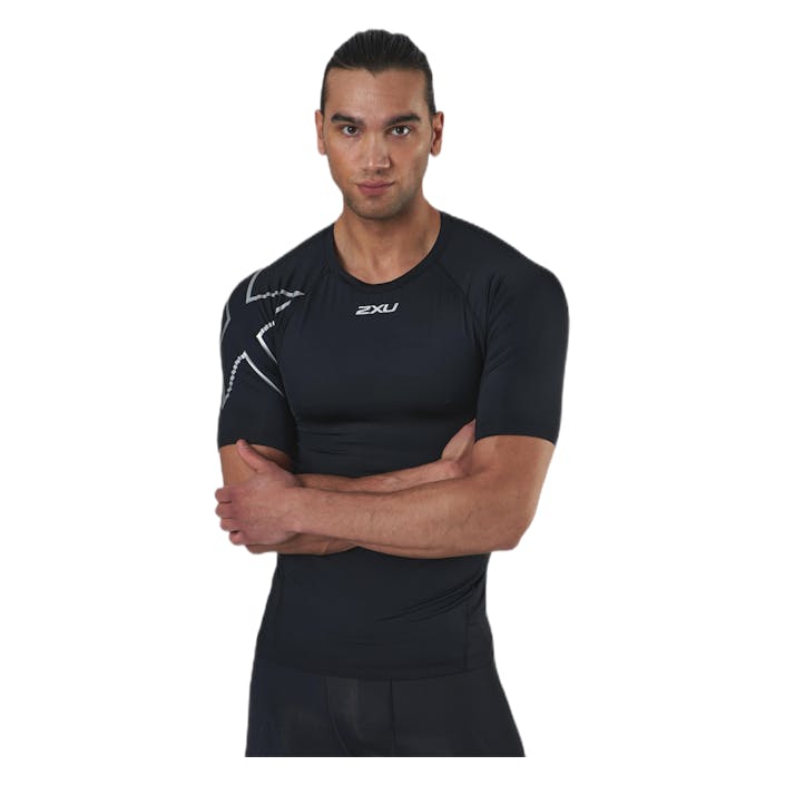 Core Compression S/S Black/Silver, Male, Vêtements, T-shirt, Courses, Noir/Argenté, S