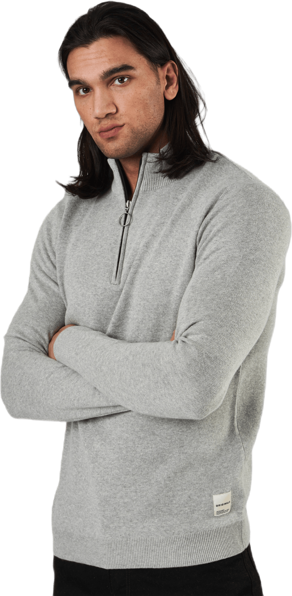 Roy Knit High Neck Zip Light Grey Melange, Male, Apparels, Shirts, Grey, S