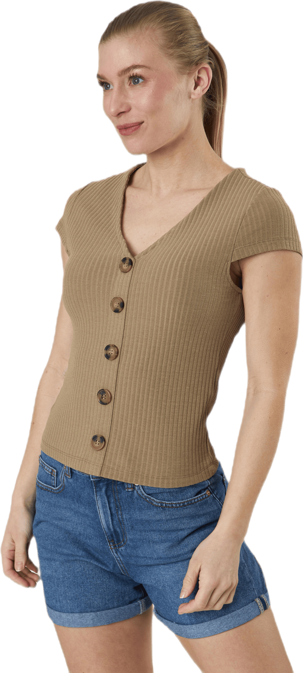 Nella S/S Button Top Jrs Beige