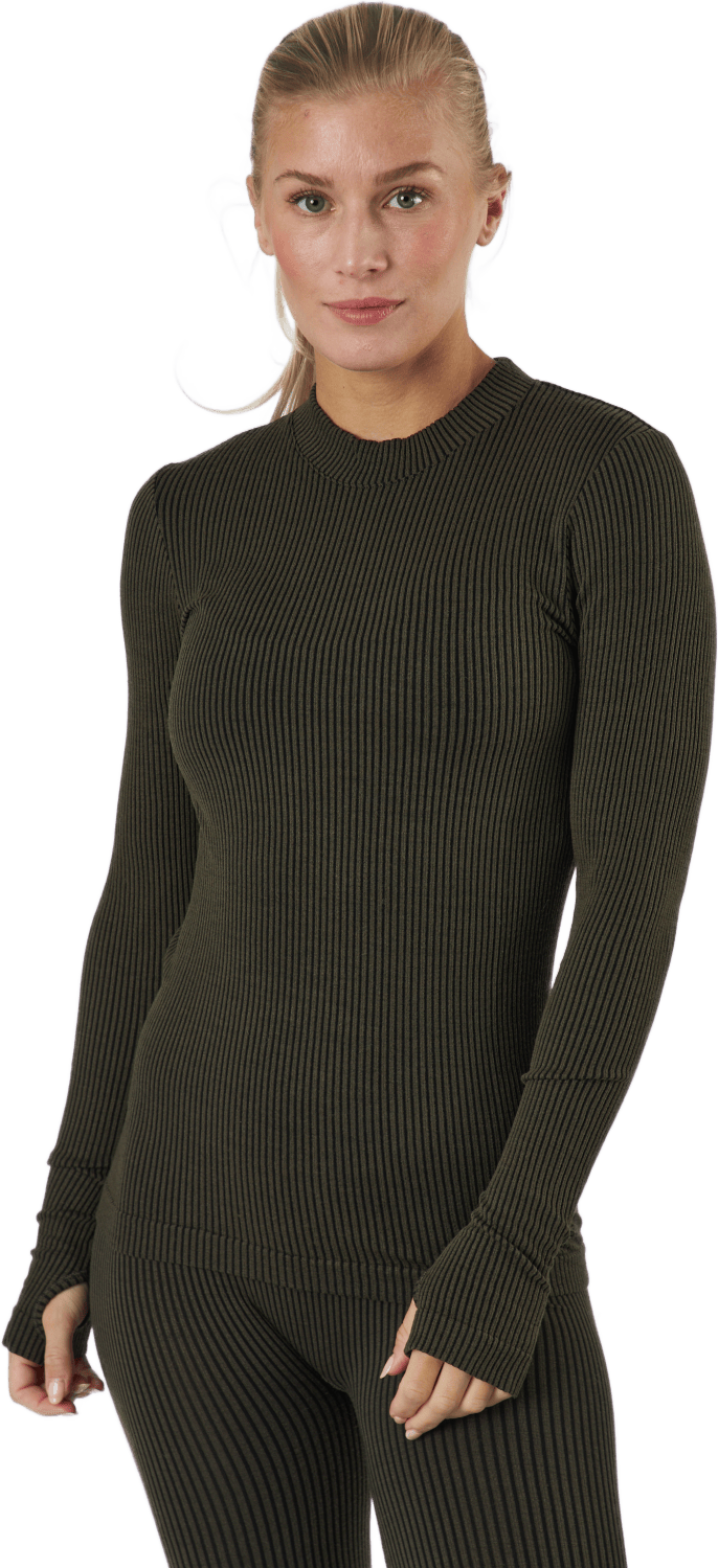 Wool Rib Long Sleeve Black Green Rib, Female, Apparels, Shirts, Workout, Black, L