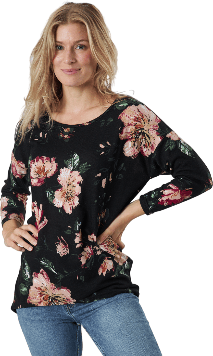 Onlelcos 4/5 Aop Top Jrs Noos Black W/jasmin Flower 15