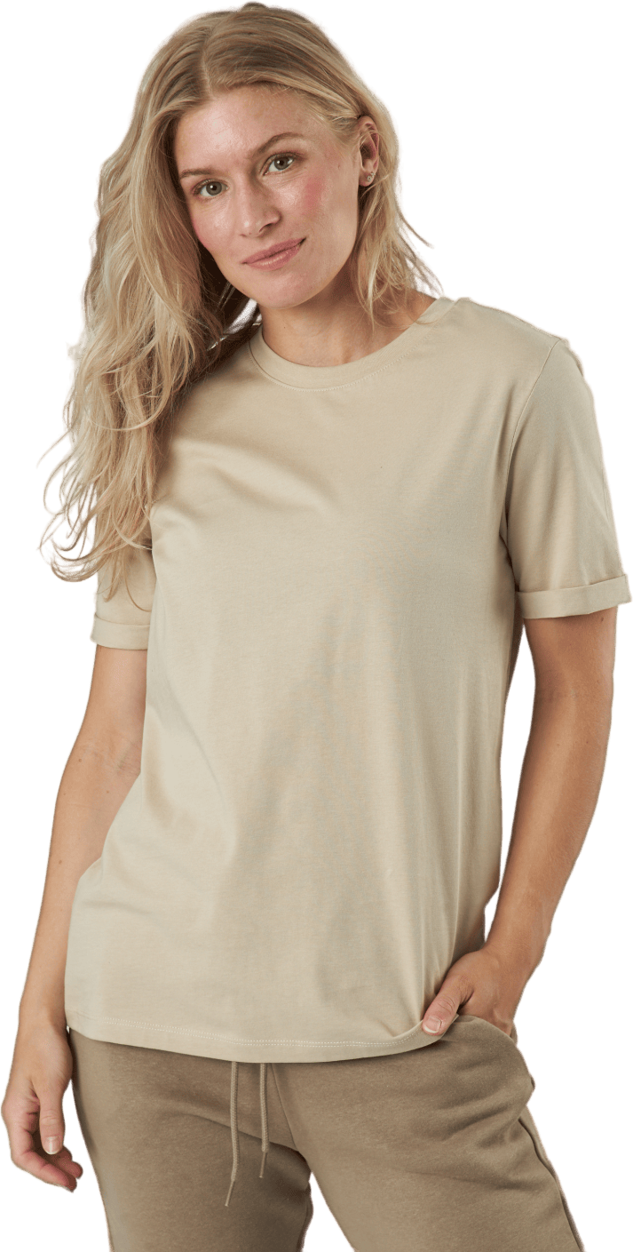 Pcria Ss Fold Up Solid Tee Noo White Pepper, Female, Apparels, T-shirt, Beige, S