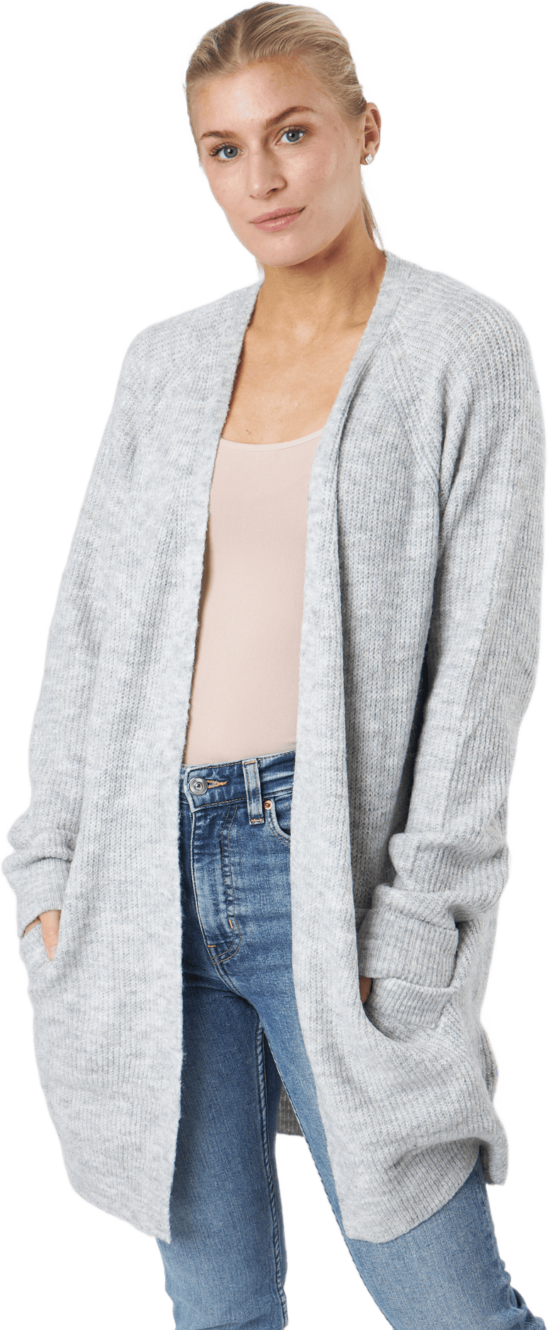Ellen Ls Long Knit Cardigan Gr Light Grey Melange, Female, Kleding, Tops, Grijs, M