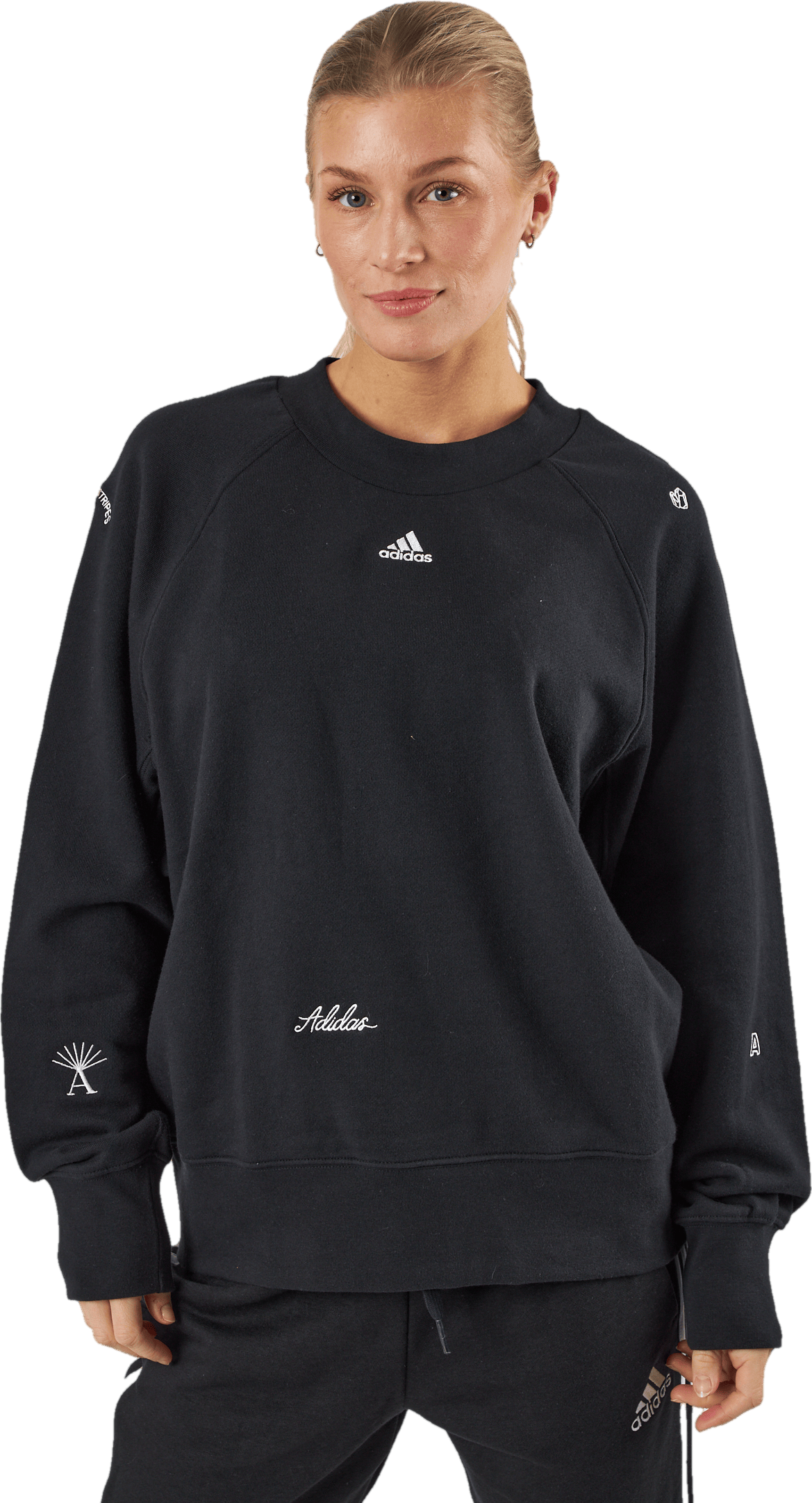 Oversized Crewneck Sweatshirt with Healing Crystal-Inspired Graphics Black