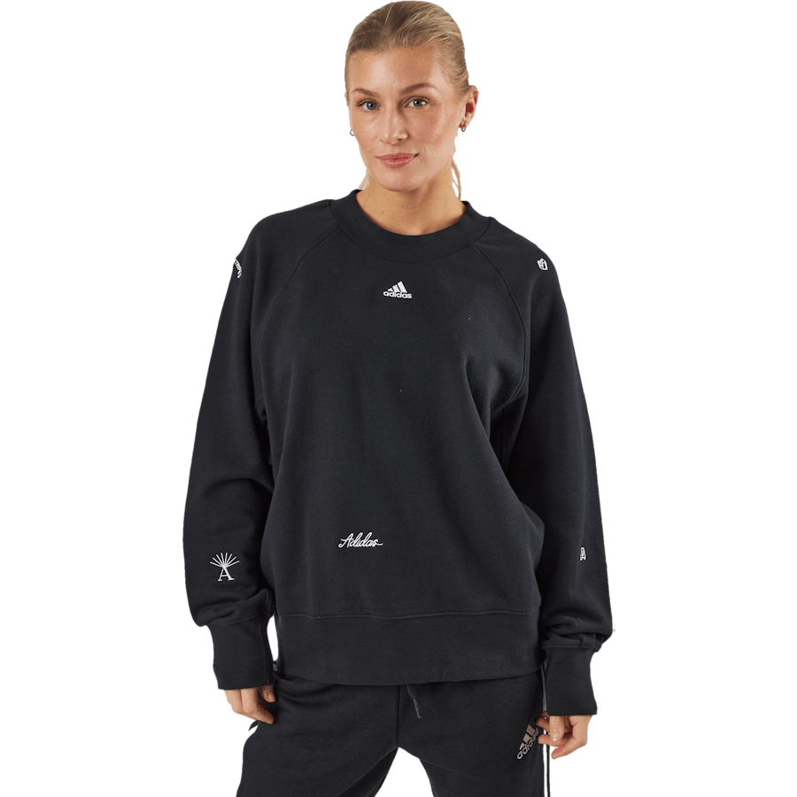 Oversized Crewneck Sweatshirt with Healing Crystal-Inspired Graphics Black