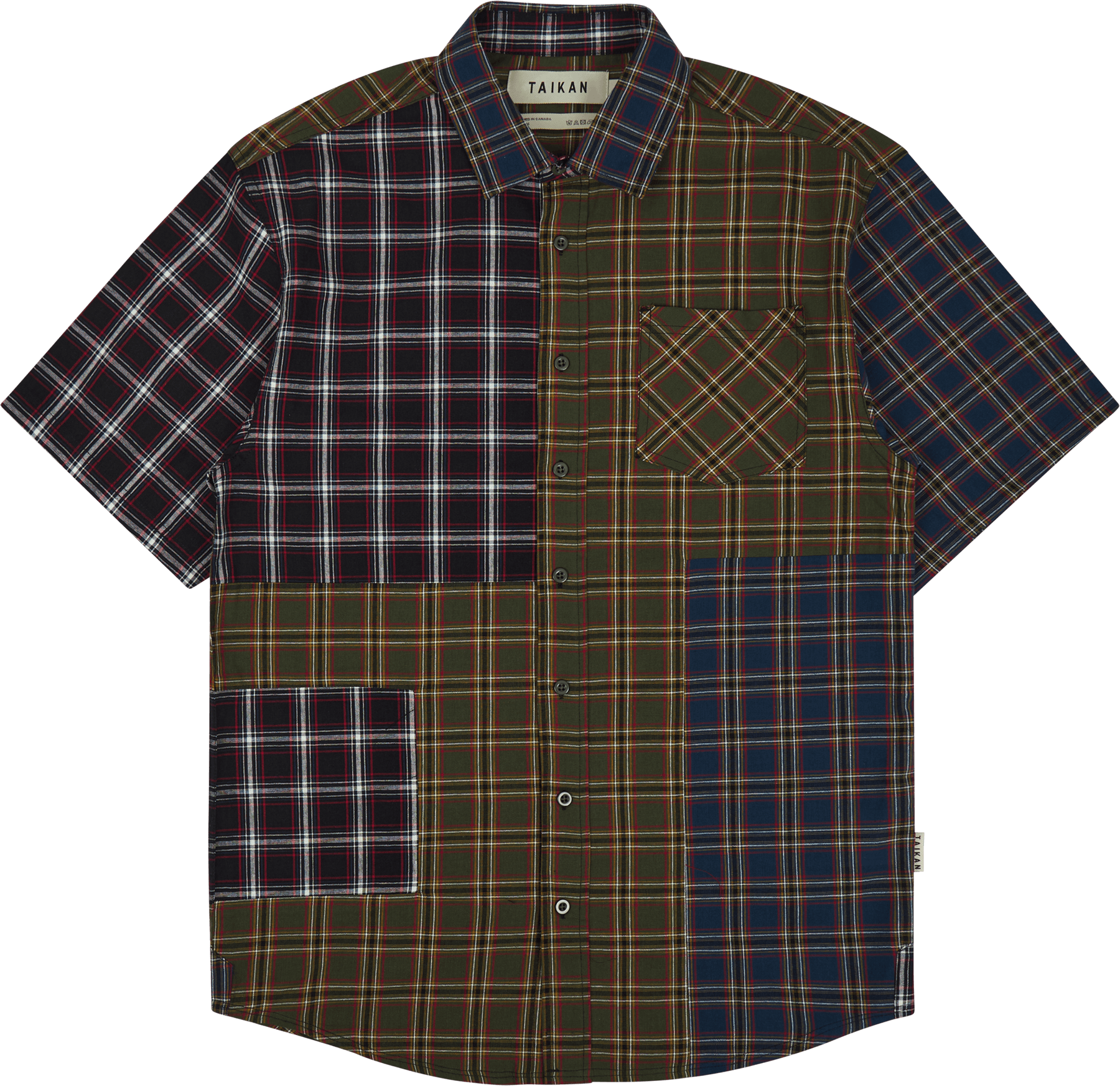 Patchwork S/s Shirt Olive Plaid, Unisex, Apparels, Tops, Multi color, M