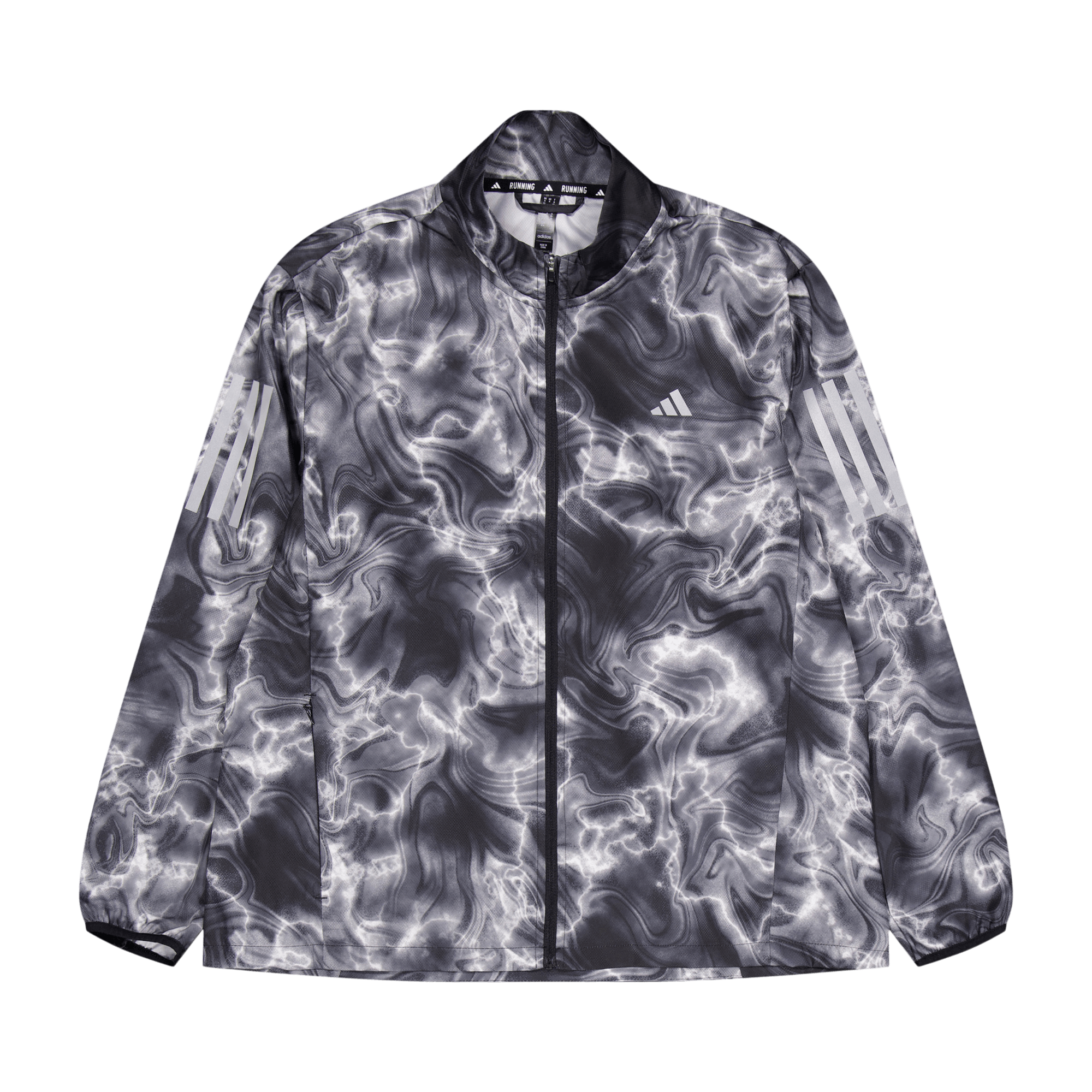 Own the Run Allover Print Hooded Running Windbreaker White, Female, Apparels, jackets, Running, Multi color, XS