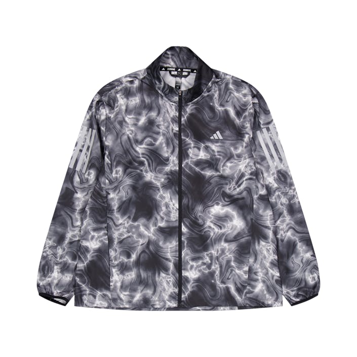 Own the Run Allover Print Hooded Running Windbreaker White, Female, Apparels, jackets, Running, Multi color, XS