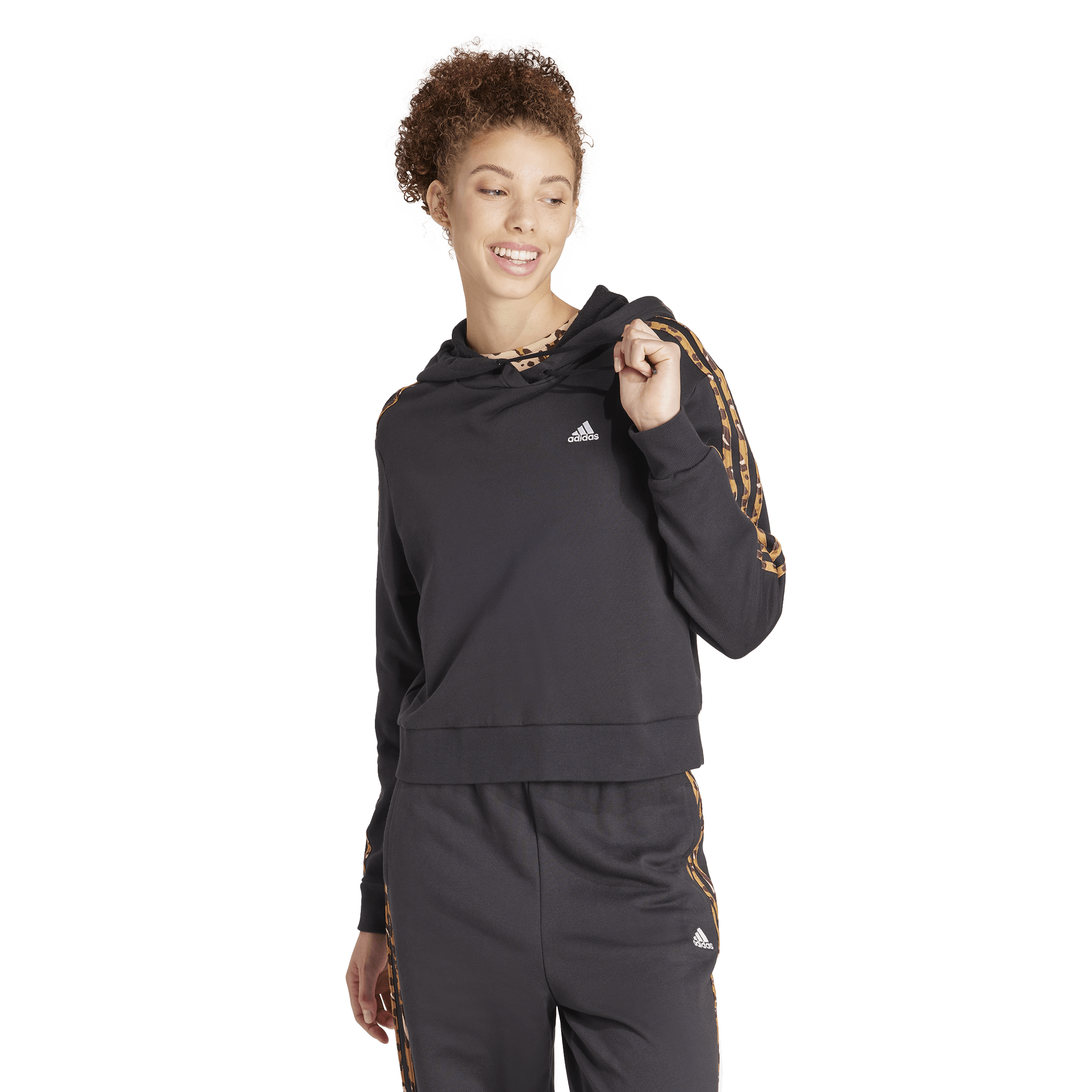 Essentials 3-Stripes Animal Print Relaxed Hoodie Black / Magic Beige, Female, Kläder, Skjortor, Svart, S