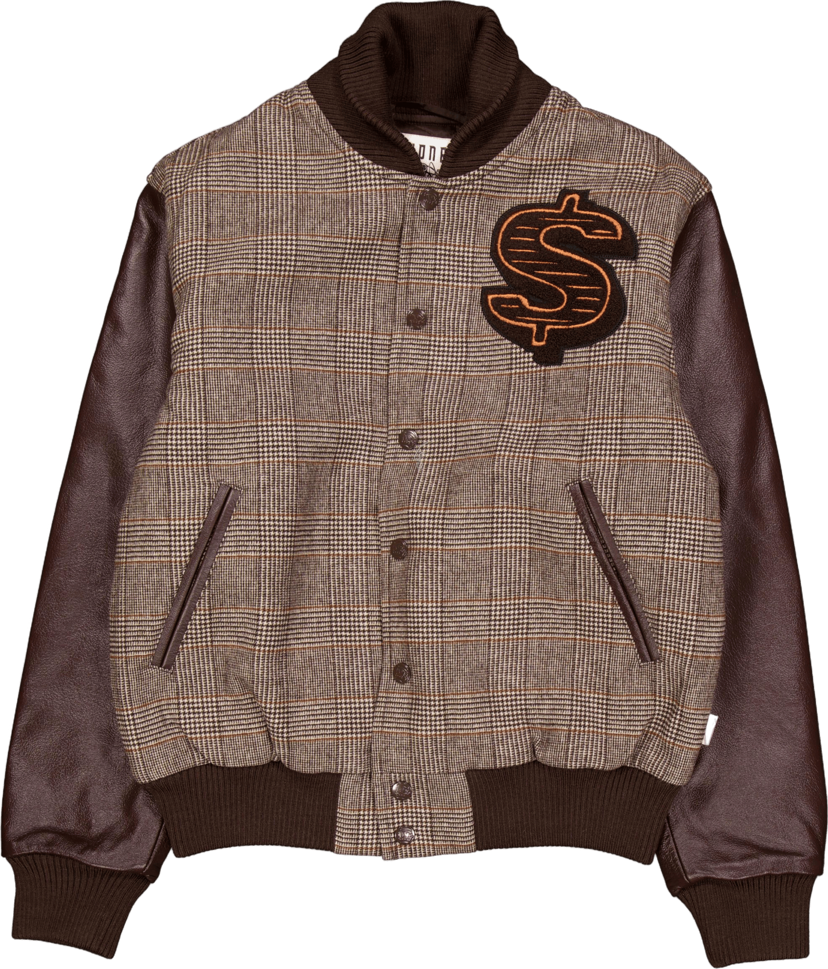 Leather Sleeve Varsity Jacket Brown Check, Male, Apparels, jackets, Multi color, L