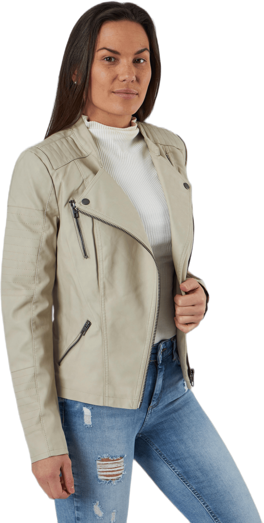 Ava Faux Leather Biker Otw Beige, Female, Apparels, jackets, Beige, 40