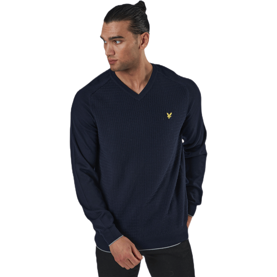 Grid Texture V Neck Jumper Blue