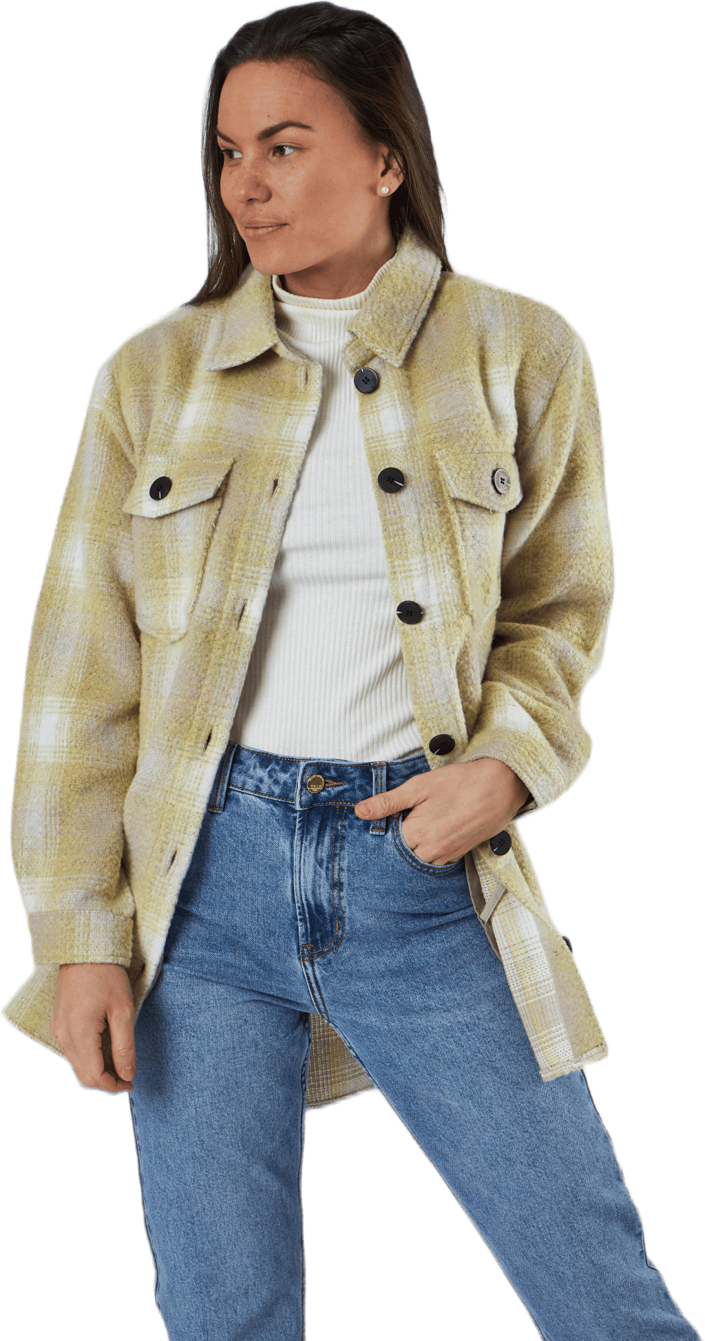 Deena-Oma L/S Check Shacket Cc Pnt White