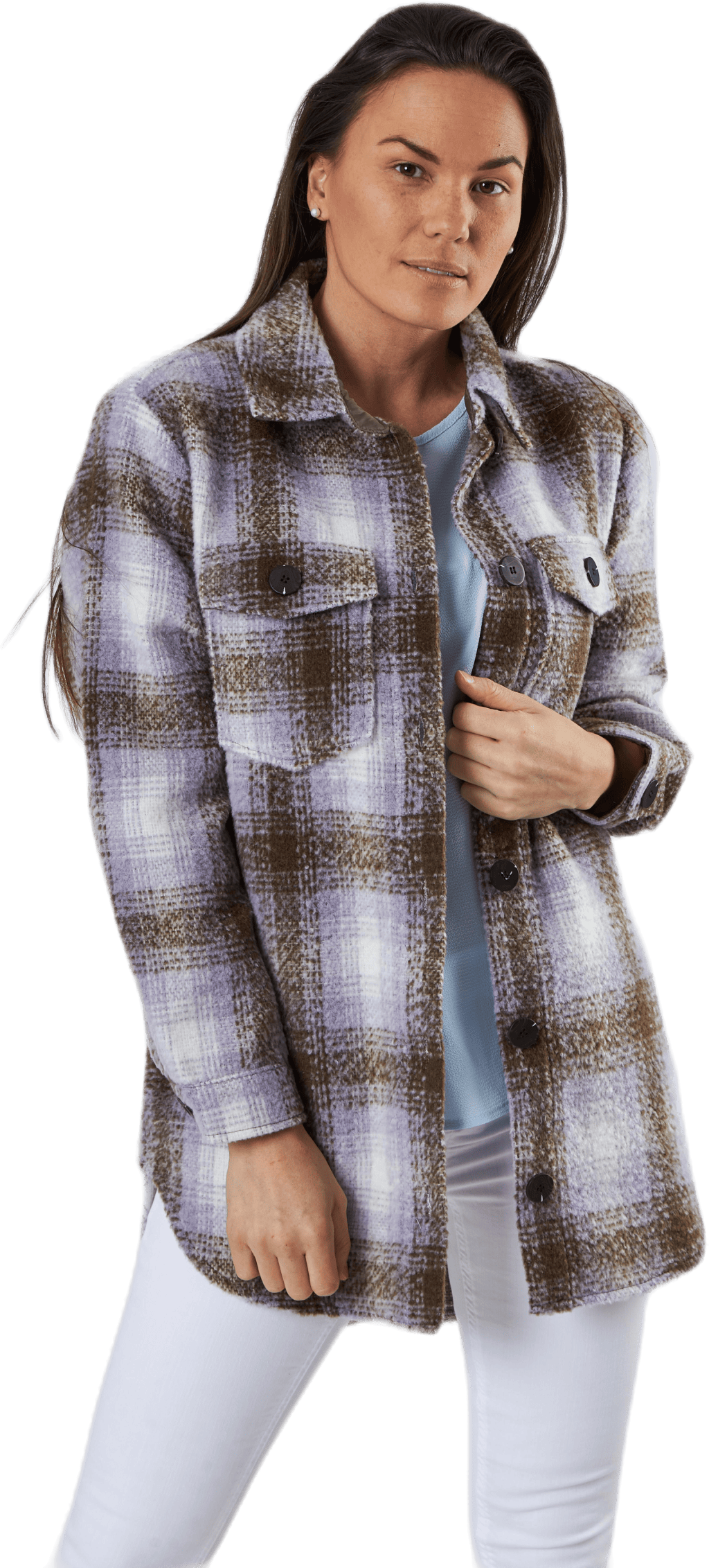 Deena-Oma L/S Check Shacket Cc Pnt White