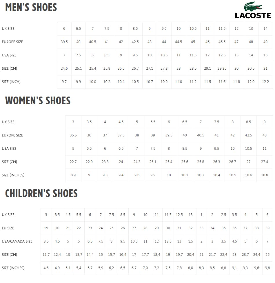 Lacoste Size Chart Canada