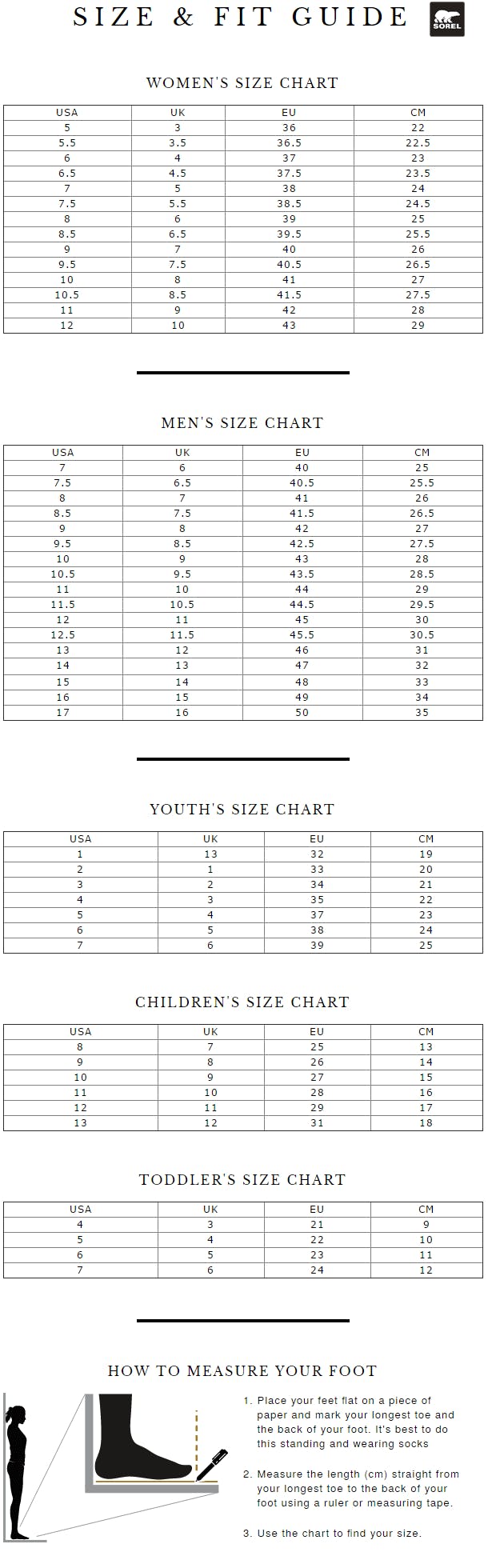 Sorel Youth Size Chart