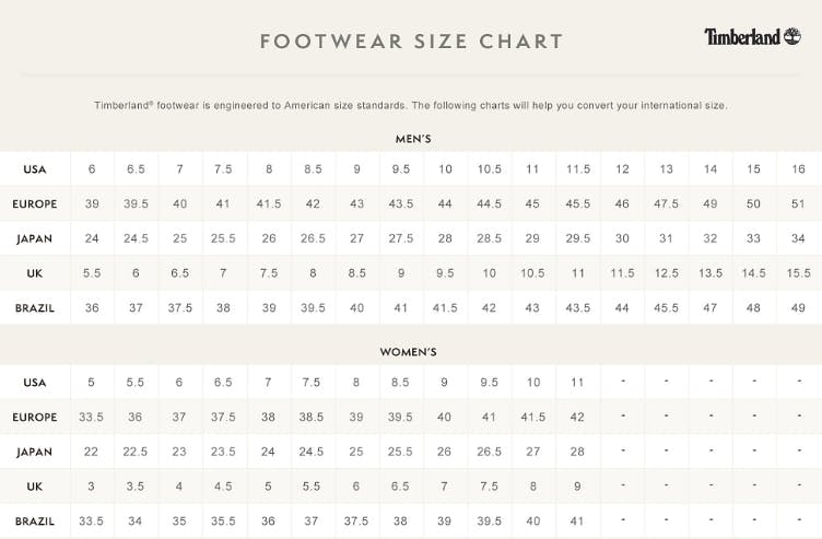 Timberland Junior Size Chart