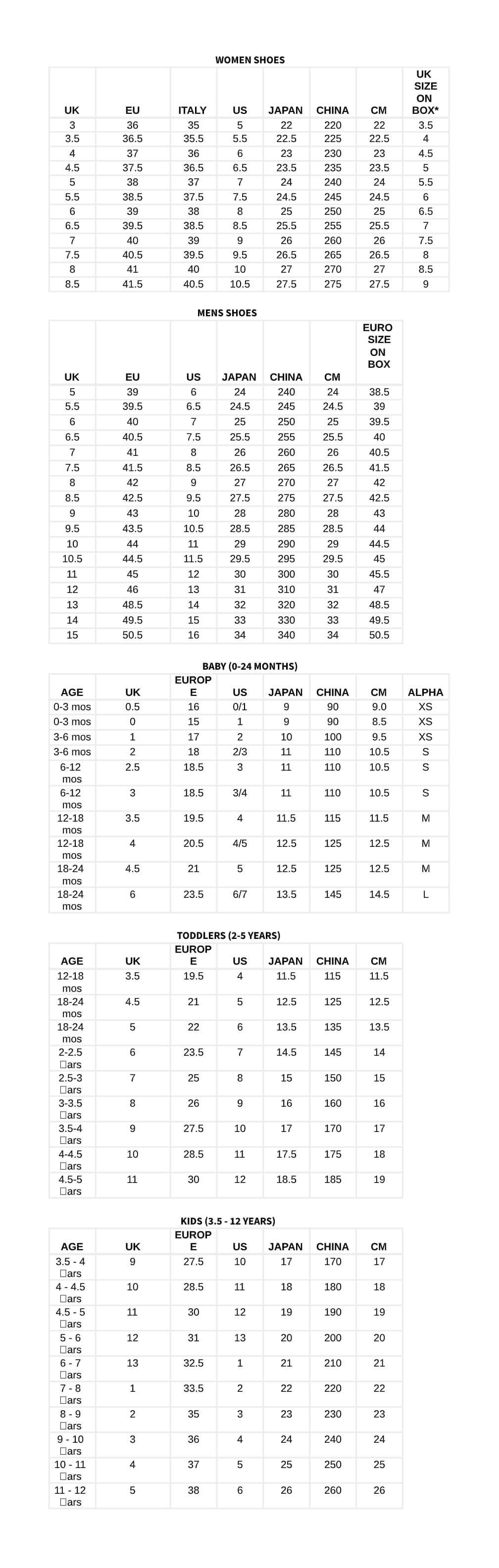 Roberto Botella Shoes Size Chart