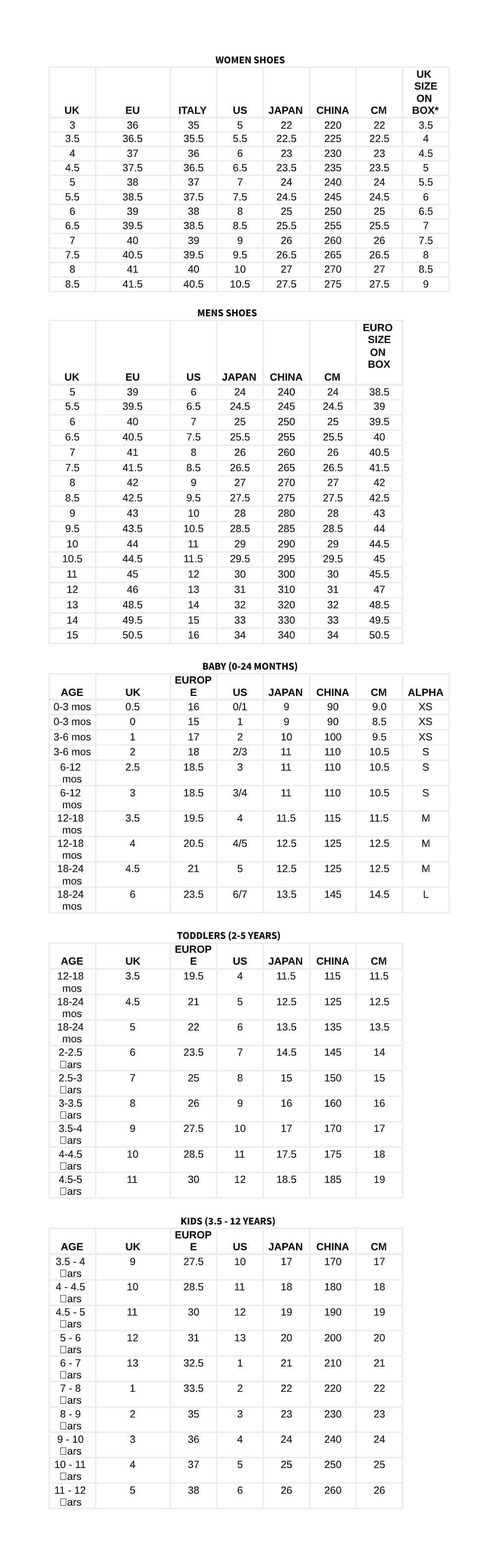 Ugg Australia Size Chart