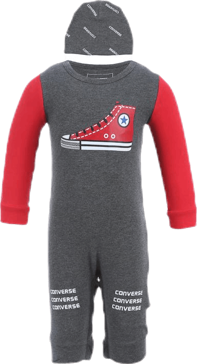 Grippy Coverall And Hat Set Grey/Red, Unisex, Odevy, Bodies & jumpsuits, Šedá/Červená, ONESIZE