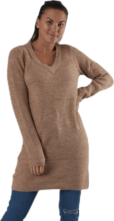 Ellen Ls V-Neck Knit Dress Beige, Female, Vaatteet, hameet ja mekot, Beige, XL